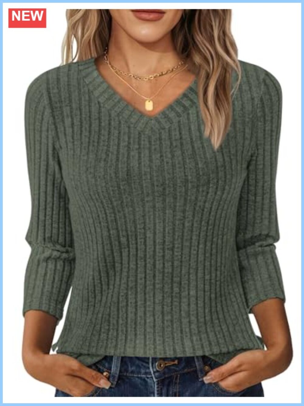 Women's V-Neck 3/4 Sleeve Tunic Sweater Lightweight Casual Fall Top